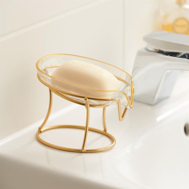 mysmartbuy Luxury Gold Soap Dish - Stain Resistant Soap Holder with Metal Frame & Plastic Dish for Bathroom, Baths, Showers, Kitchen Sink