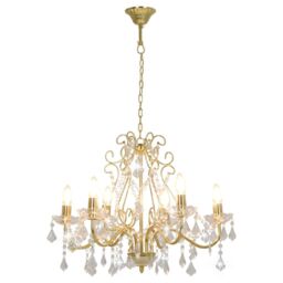 Berkfield Home Chandelier with Crystal Beads Golden Round 6 x E14 in Gold - thumbnail 2