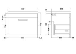 Balterley 1 Drawer Wall Hung Vanity Basin Unit White Black Handle 600mm - thumbnail 8