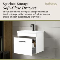 Balterley 1 Drawer Wall Hung Vanity Basin Unit White Black Handle 600mm - thumbnail 4