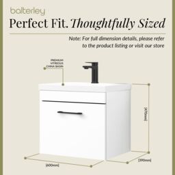 Balterley 1 Drawer Wall Hung Vanity Basin Unit White Black Handle 600mm - thumbnail 5