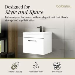 Balterley 1 Drawer Wall Hung Vanity Basin Unit White Black Handle 600mm - thumbnail 2
