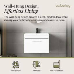 Balterley 1 Drawer Wall Hung Vanity Basin Unit White Black Handle 600mm - thumbnail 3