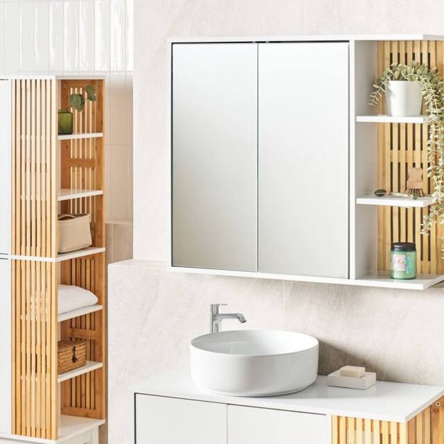 Wyld and Coco Wall-Mounted Mirror Cabinet White and Light Wood Push-Open - image 1