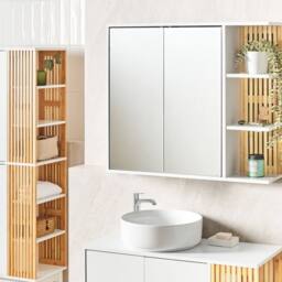 Wyld and Coco Wall-Mounted Mirror Cabinet White and Light Wood Push-Open
