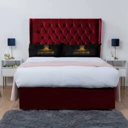 UK Bed Furniture Mary Winged Divan Bed Base with 54Inch Buttoned Headboard - No Storage in Maroon - Size: Single