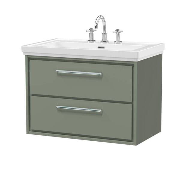 Balterley Bathroom Wall Hung 2-Drawer Vanity Unit, Fireclay Basin, Green, 800mm in Green - image 1