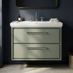 Balterley Bathroom Wall Hung 2-Drawer Vanity Unit, Fireclay Basin, Green, 800mm in Green - thumbnail 3