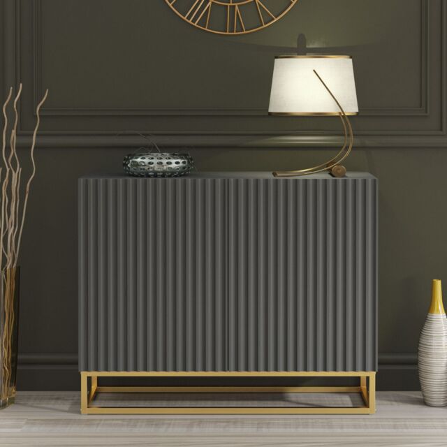 Mex Furniture LTD Dark Grey Fluted Sideboard 100cm Gold Base - Modern Storage Cabinet - image 1