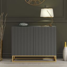 Mex Furniture LTD Dark Grey Fluted Sideboard 100cm Gold Base - Modern Storage Cabinet