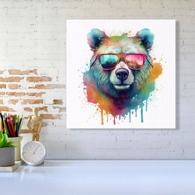 Warren Reed - Designer Splashart Colourful Bear In Glasses Canvas - Size: w10 inch x h10 inch - image 1