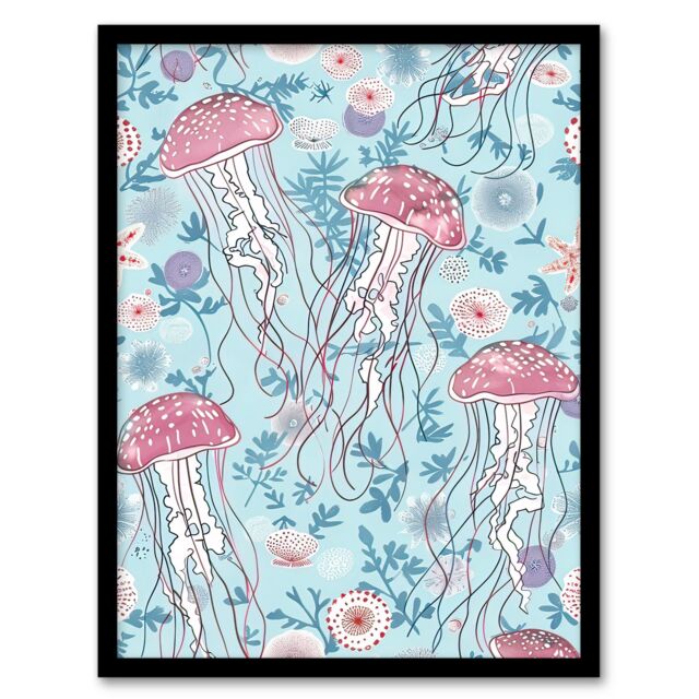 Artery8 Underseas Jellyfish Flowers Baby Blue Pink Design Framed Wall Art - Size: A4 - image 1