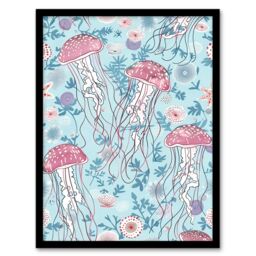 Artery8 Underseas Jellyfish Flowers Baby Blue Pink Design Framed Wall Art - Size: A4 - thumbnail 1