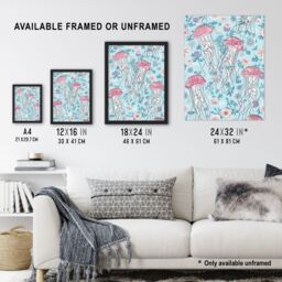 Artery8 Underseas Jellyfish Flowers Baby Blue Pink Design Framed Wall Art - Size: A4 - thumbnail 3