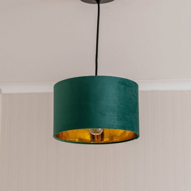 ValueLights Reni Green Velvet with Gold Inner Easy Fit Ceiling Lamp Shade & Bulb in Bottle Green - Size: Small - image 1