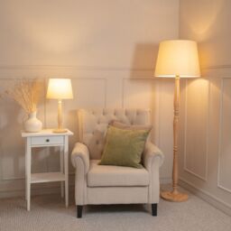 ValueLights Victoria Light Wood Traditional Table Lamp with Fabric Tapered Shade & Bulb in Cream - thumbnail 4