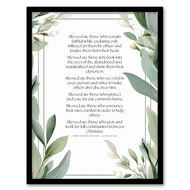 Artery8 Wall Art Print Modern Blessed Beatitudes Green Pope Francis Quote Bible Framed Art - Size: A4 - image 1