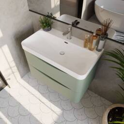 Balterley Modern Bathroom Wall Hung 2 Drawer Vanity, Ceramic Basin, Green, 800mm in Green - thumbnail 3