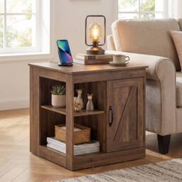 Costway Farmhouse Nightstand w/Charging Station Wooden Bedside Table End Table in Brown - thumbnail 4