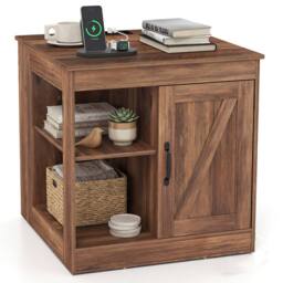 Costway Farmhouse Nightstand w/Charging Station Wooden Bedside Table End Table in Brown - thumbnail 1
