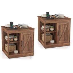 Costway Farmhouse Nightstand w/Charging Station Wooden Bedside Table End Table in Brown - thumbnail 3