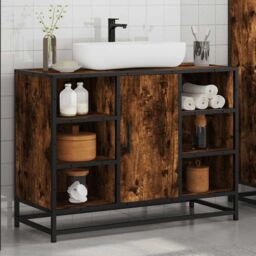 Berkfield Home Bathroom Sink Cabinet Smoked Oak 80x33x60 cm Engineered Wood in Brown - Size: 80 x 33 x 60 cm - thumbnail 4