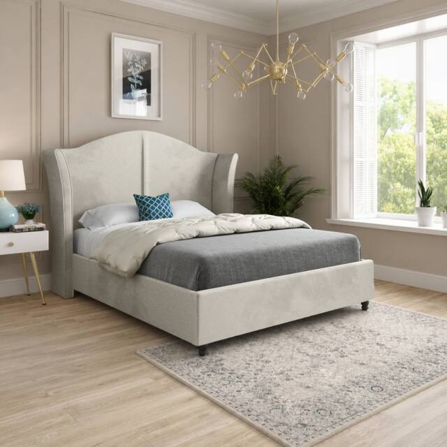 Casani Tissington Curved Winged Beige Soft Velvet Designer Bed Frame in Cream - Size: King - image 1