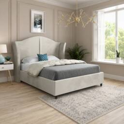 Casani Tissington Curved Winged Beige Soft Velvet Designer Bed Frame in Cream - Size: King - thumbnail 1