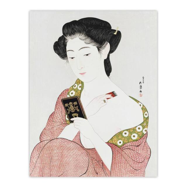 "Artery8 Woman Applying Powder Portrait Vintage Wall Art Print Hashiguchi in Pink - Size: W12"" x H16""" - image 1