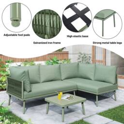 HomeTouch Green 5 Seat Outdoor L-Shaped Lounge Set with Coffee Table - Size: 3 Pack - thumbnail 5