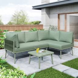HomeTouch Green 5 Seat Outdoor L-Shaped Lounge Set with Coffee Table - Size: 3 Pack - thumbnail 1