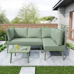 HomeTouch Green 5 Seat Outdoor L-Shaped Lounge Set with Coffee Table - Size: 3 Pack - thumbnail 2