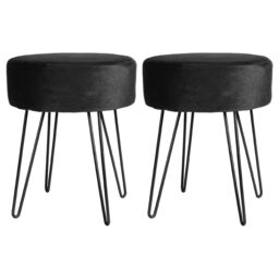 Harbour Housewares Round Velvet Footstools - H40 x D35cm - Black Hairpin Legs - Pack of 2