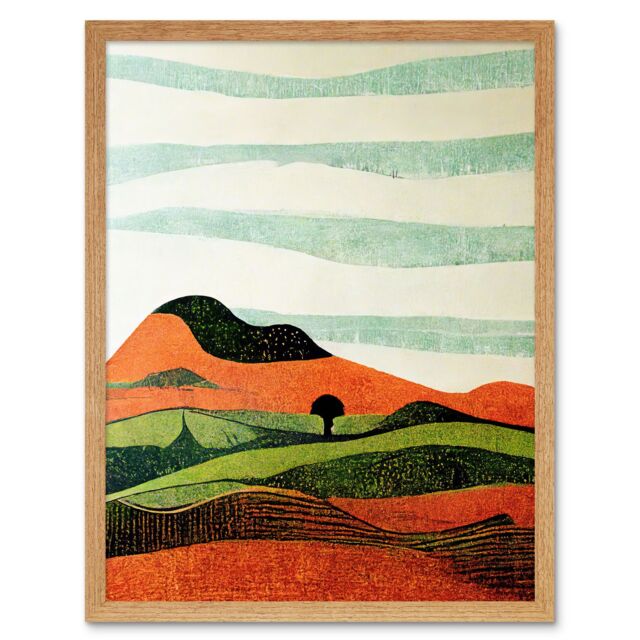 "Artery8 Wall Art Print Abstract Eclectic Tangerine & Olive Nature Landscape Linocut Art Framed in Light Oak - Size: W12"" x H16""" - image 1