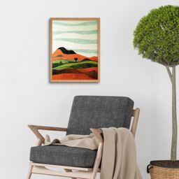 "Artery8 Wall Art Print Abstract Eclectic Tangerine & Olive Nature Landscape Linocut Art Framed in Light Oak - Size: W12"" x H16""" - thumbnail 2