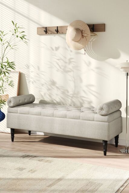 H&O Direct Flip-Up Storage Ottoman with Side Arms in Beige - image 1