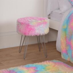 OHS Fluffy Footstool Hairpin Fleece Bedroom Vanity Seat Modern Pouffe Decor Chair in Pink