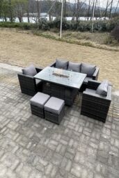 Fimous 7 Seater PE Wicker Rattan Gas Fire Pit Table Heater Sets Lounge Sofa Chairs in Dark Grey - thumbnail 1