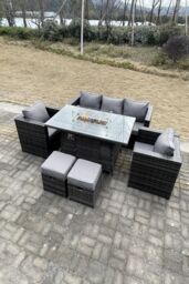 Fimous 7 Seater PE Wicker Rattan Gas Fire Pit Table Heater Sets Lounge Sofa Chairs in Dark Grey - thumbnail 4