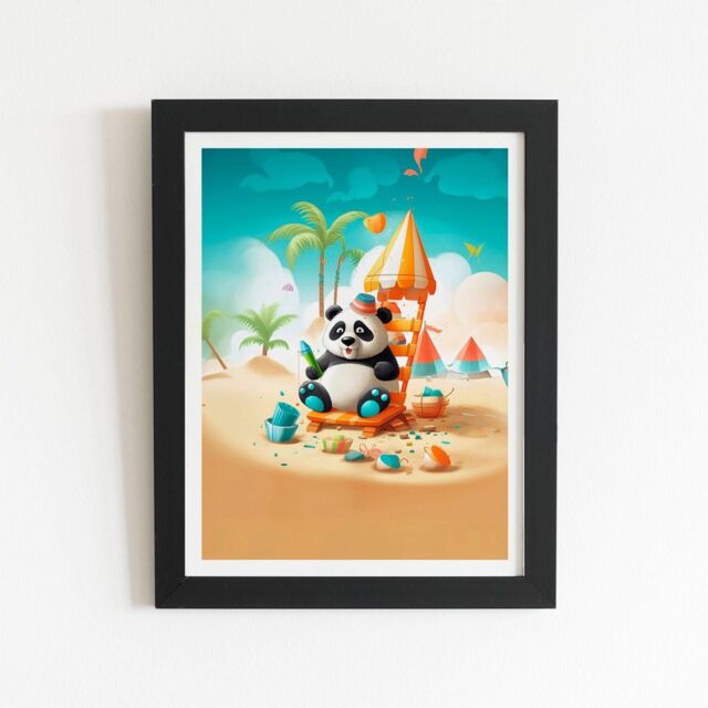 "Warren Reed - Designer Panda On A Beach Holiday Framed Art Print in Black - Size: W16"" x H24""" - image 1