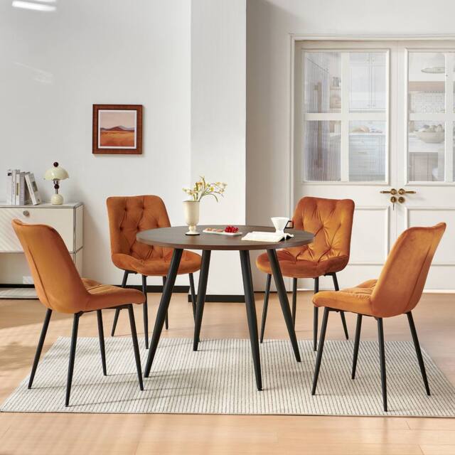 SONARA Dark Walnut 4 Seater Dining Table With 4 Velvet Chairs Sets in Orange - image 1