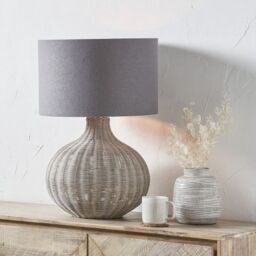 Ruma Round Rattan Table Lamp with Cylinder Shade in Grey - thumbnail 1