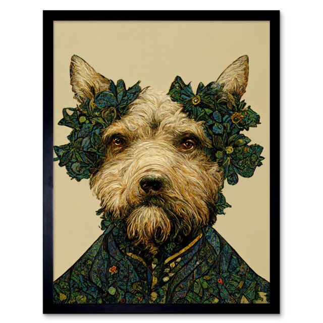 "Artery8 Wall Art Print Cute Fun Westie Dog Vintage William Morris Style Art Framed in Black - Size: W12"" x H16""" - image 1
