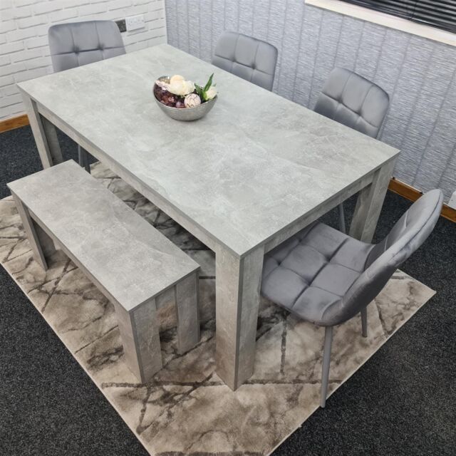 KOSY KOALA Wooden Grey Dining Table Set with 4 Grey Velvet Chairs & 1 Bench Dining Room Furniture in Brown - image 1