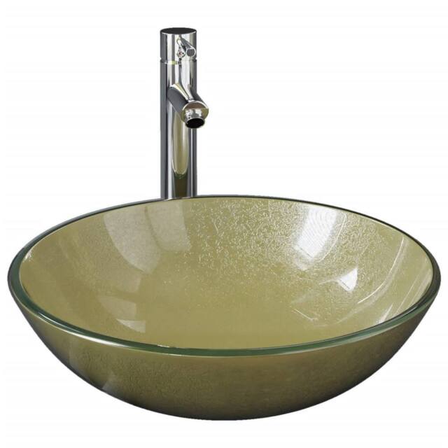Berkfield Home Bathroom Sink with Tap & Push Drain Gold Tempered Glass - image 1