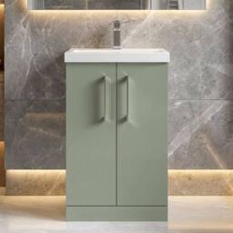 Balterley Contemporary Bathroom Floor Standing 2 Soft-Close Door Vanity Unit & Mid-Edge Basin, Satin Green, 500 mm in Green - thumbnail 9