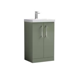Balterley Contemporary Bathroom Floor Standing 2 Soft-Close Door Vanity Unit & Mid-Edge Basin, Satin Green, 500 mm in Green
