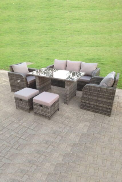 Fimous PE Rattan Garden Furniture Set Adjustable Chair Lounge 3 Seater Sofa Oblong Rectangular Dining Black Glass in Dark Grey - image 1