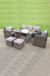 Fimous PE Rattan Garden Furniture Set Adjustable Chair Lounge 3 Seater Sofa Oblong Rectangular Dining Black Glass in Dark Grey