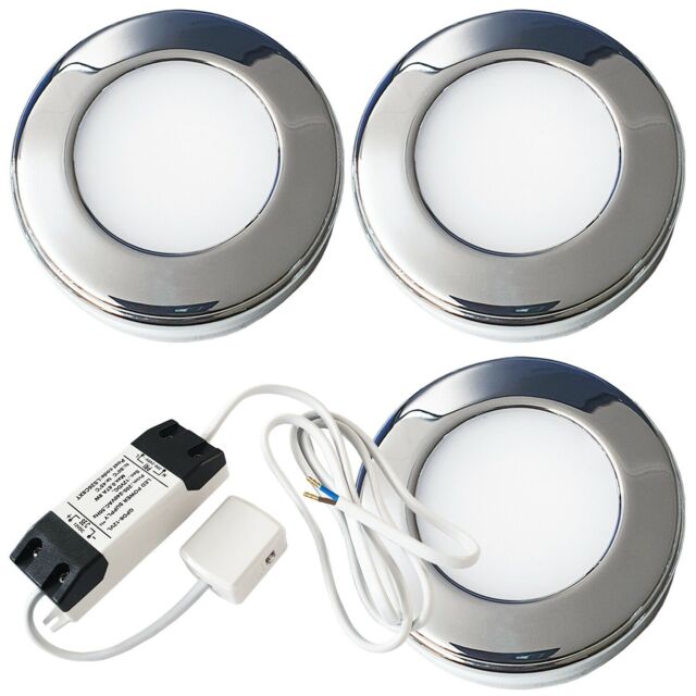 Loops 3x CHROME Round Surface or Flush Under Cabinet Kitchen Light & Driver Kit - Natural White LED - image 1